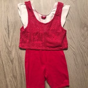 90s Kids Pink Leotard Shorts, Girls Gymnastics Outfit by Jacques Moret, Size 6/7